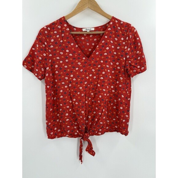 Madewell Womens XSMALL Tie Front Blouse Red Floral Short Sleeve V-Neck Viscose - Picture 7 of 10